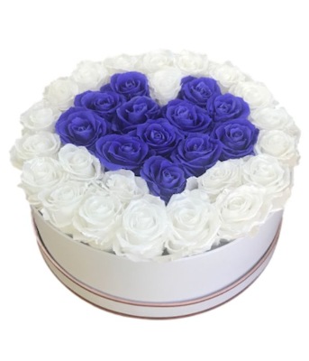 Heart-Shaped Lilac and White Rose Flower Bouquet in a White Round Box