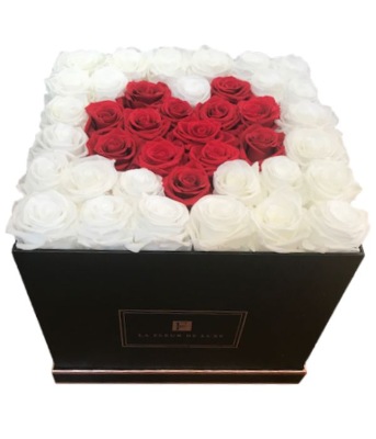 Heart-Shaped White and Red Rose Flower Arrangement in a Large Square Box