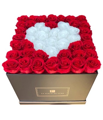 Heart-Shaped Red and White Rose Flower Arrangement in a Black Square Box