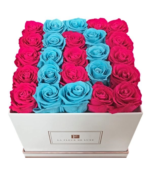 Letter D Shaped Turquoise & Hot Pink Roses Bouquet in a Medium White Square Box