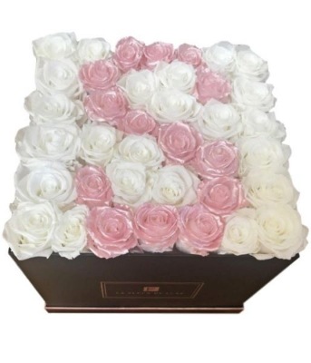 Letter S Shaped White & Pearl Touch Pink Roses Arrangement in a Large White Square Box