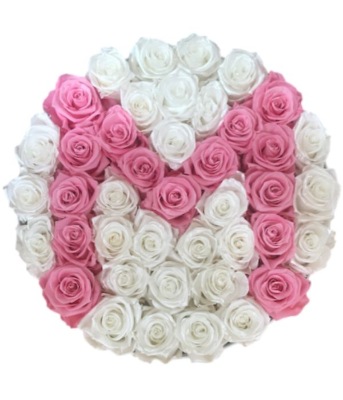 Letter M Shaped White & Pink Roses Bouquet in an X-Large White Round Box