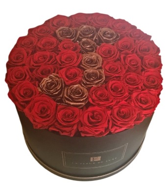 Letter J Shaped Red & Rose Gold Flower Arrangement in an X-Large Round  Box