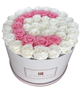 Letter C Shaped White & Pink Roses Bouquet in a Large White Round Box
