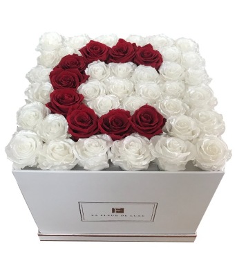 Letter C Shaped Red & Pearl White Rose Flower Arrangement in a Large Square  Box