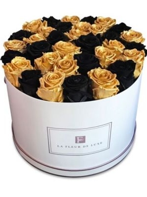 Gold & Black Long Lasting Rose Arrangement in a X-Large Round Box