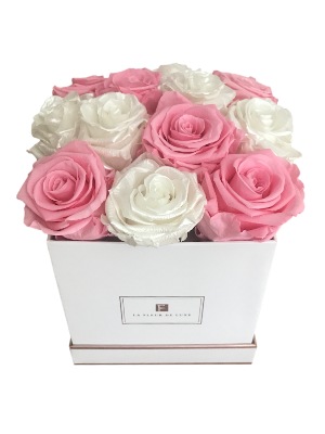 White & Pink Luxurious Roses in a Small Square Box