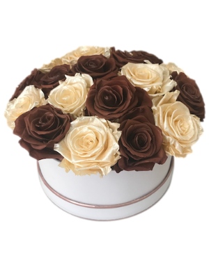 Latte & Pearl Champagne Luxury Rose Pattern Bouquet in a Medium Round Box