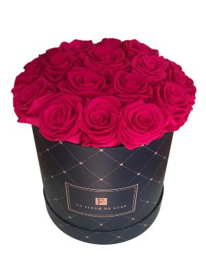 Hot Pink Long Lasting Roses - Dome-Shaped Medium Blue Round Box Flowers Bouquet