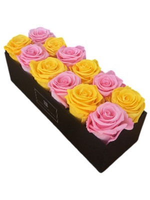 Checked Pink & Yellow Roses That Last a Year in a Small Acrylic Black Box