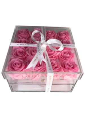 Pink  Lasting Roses in a Square Acrylic Box
