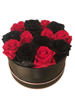 Red and Black Pattern Rose Flowers That Last a Year in a Medium Black 
 Round Box