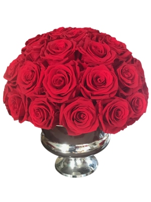 Red Long Lasting Rose Arrangement in a Silver Centerpiece