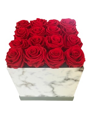 Red Roses That Last a Year in a Medium Square White Marble Box