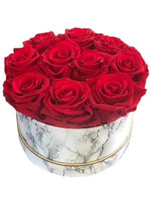 Red Roses That Last a Year in a Small Round Marble Box
