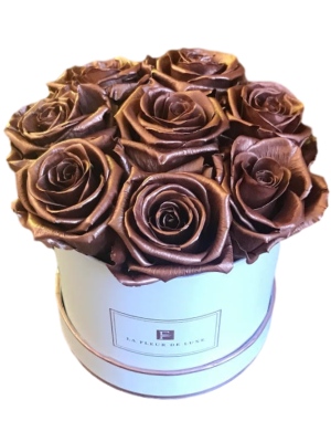 Dome-Shaped Metallic Lasting Rose Arrangement in a Small Round Box