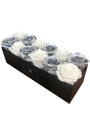 Checkered Silver & White Preserved Roses That Last a Year in a Small Acrylic Black Box