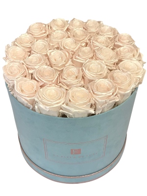 Pearl Touch Long Lasting Rose Arrangement in a Large Round Suede Box