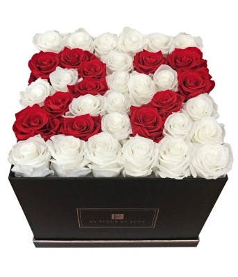 Number 27 Shaped White & Red Rose Flower Arrangement in a Black Square Box