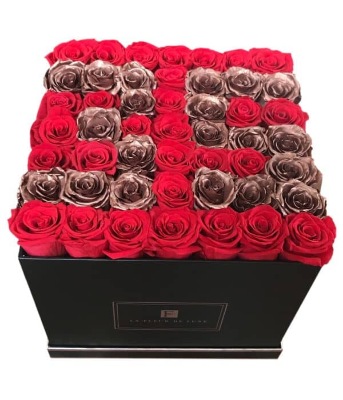 Number 35 Shaped Red & Rose Gold Flower Arrangement in a Black Square Box